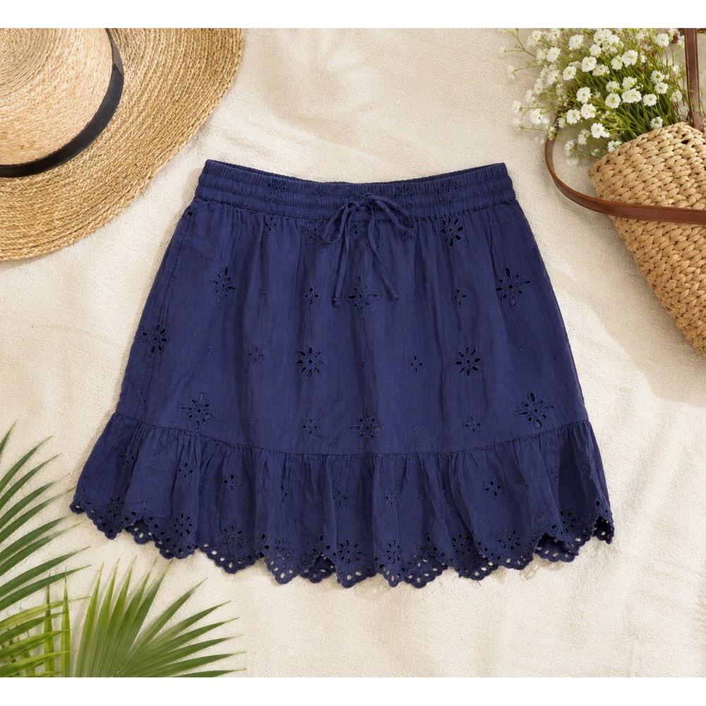 Aerie Embroidered 100% Cotton Eyelet Drawstring Lined Skirt, Blue Purple Size XS